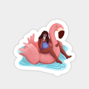 Girl Summer Illustration, Pink Flamingo Floaty Sticker